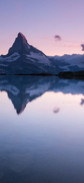 Matterhorn, Stellisee, Switzerland, Lake, Reflection, Evening sky, Landscape, Scenery, Clear sky, Swiss Alps, Clouds, Mountain Peak, 5K