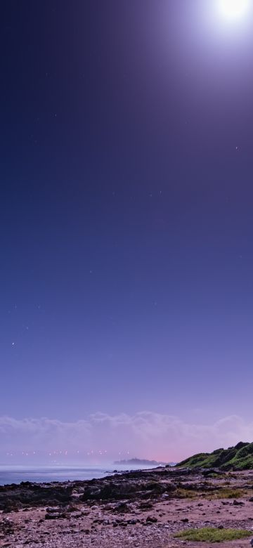 Moon light, Beach, Night sky, Seascape, 5K