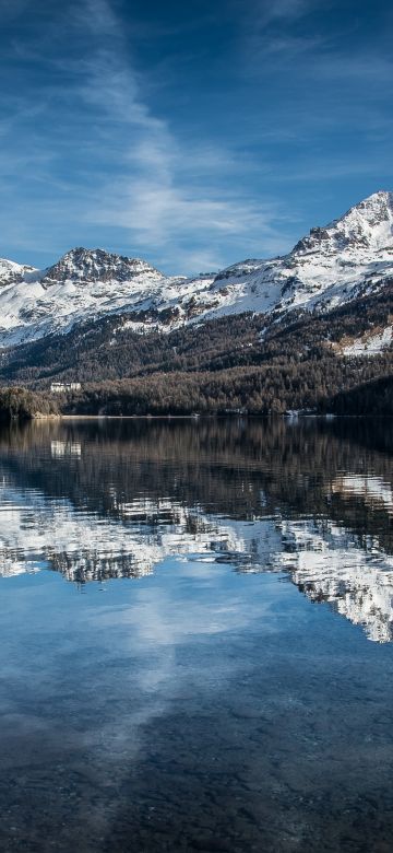 Piz Corvatsch, Switzerland, Swiss Alps, Glacier mountains, Snow covered, Lake Sils, Reflection, Daytime, Landscape, Scenery, Blue Sky, 5K