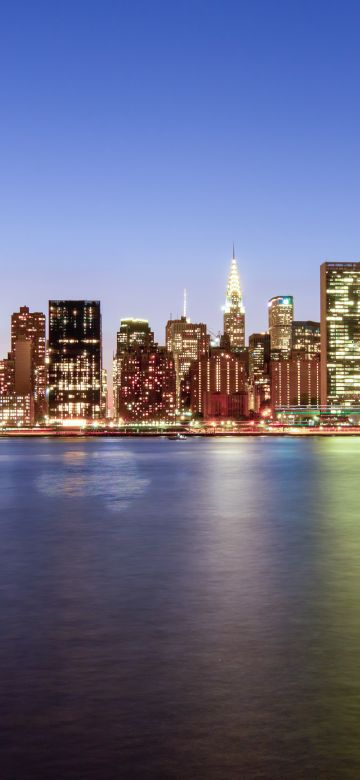 New York City, Night illumination, Cityscape, City lights, Skyline, Night time, Body of Water, Reflection, Long exposure, Dusk, Skyscrapers, Clear sky, 5K