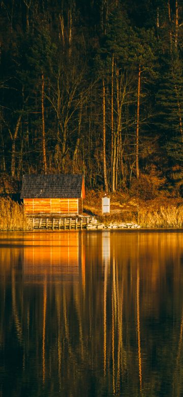 River, Forest, Wooden House, Reflection, Tall Trees, Landscape, Vacation, 5K