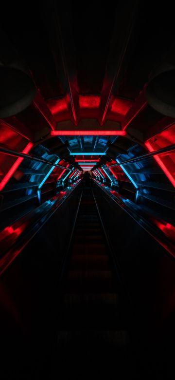 Tunnel, Vanishing point, Red lighting, Blue light, Black background, Pattern, Long exposure, Neon Lights, 5K