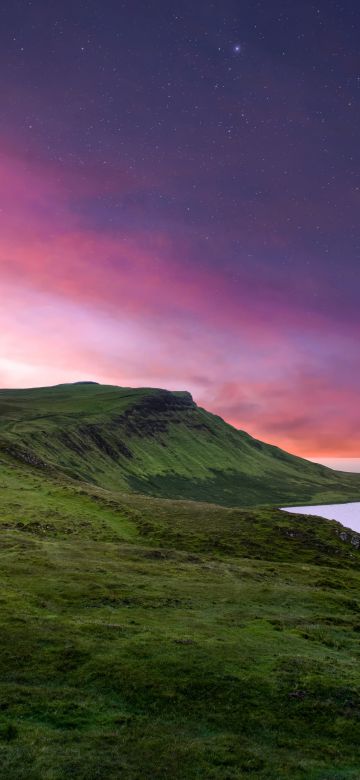 Isle of Skye, Aesthetic, Scotland, Countryside, Shore, Sunset, Landscape, Scenery, Purple sky, Starry sky, Dusk, Coastline, 5K