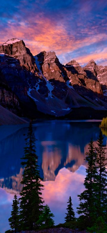 Moraine Lake, Aesthetic, Banff National Park, Valley of the Ten Peaks, Mountain range, Sunset, Alpine trees, Landscape, Scenery, 5K