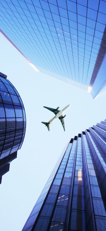 Airplane, Looking up at Sky, Skyscrapers, Daytime, High rise building, Transport aircraft, 5K