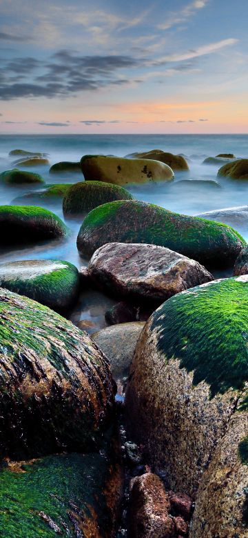 Porth Nanven, Cot Valley, Rocky coast, Beach, Green Moss, Seascape, Long exposure, Horizon, Cloudy Sky, Evening, Landscape, 5K