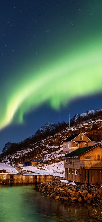 Aurora Borealis, Norway, Northern Lights, Wooden House, Landscape, River Stream, Night time, Snow covered, Mountains, Scenery, Stars, 5K