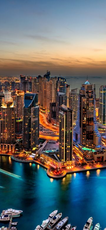 Dubai Marina, Cityscape, Skyline, Skyscrapers, Buildings, City lights, Sunset, Night, Dubai, 5K