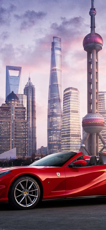 Ferrari 812 GTS, Shanghai, Red cars, Cityscape, Skyscrapers, 5K