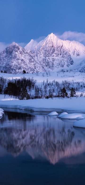 Winter Mountains, Landscape, Lake, Cold, Snow covered, Scenery, Norway, 5K