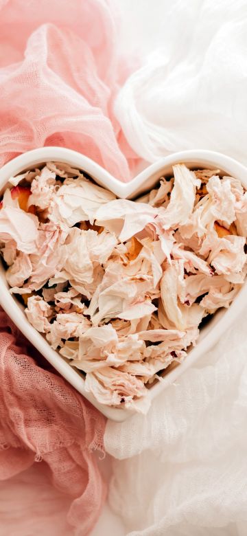 Love heart, Heart shape, Ceramic bowl, Cloth, Dry Leaves, Peach background, 5K