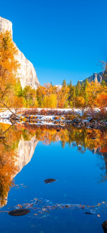 Yosemite National Park, Scenery, Landscape, Lake, Reflections, Autumn, Sunny day, Cliff, Rocks, California, 5K