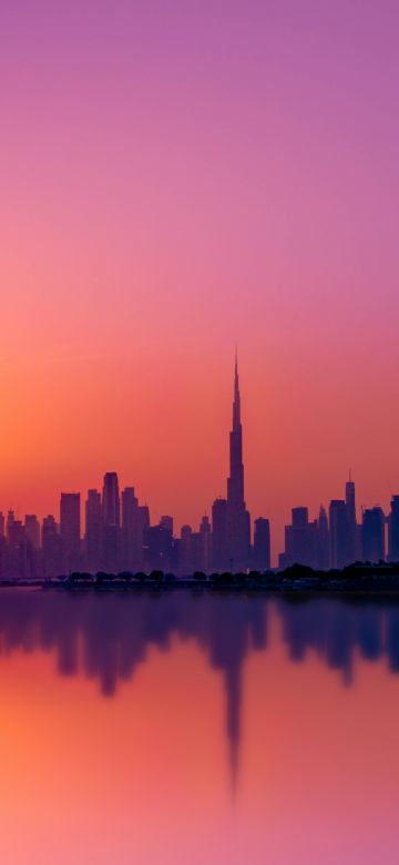 Dubai City, Skyline, Silhouette, Cityscape, Sunset, Burj Khalifa, Purple sky, Body of Water, Reflection, Skyscrapers, Dusk, United Arab Emirates, 5K