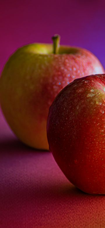 Red Apples, Dew Drops, Water drops, Pair, Fruits, Healthy, Gradient background, 5K