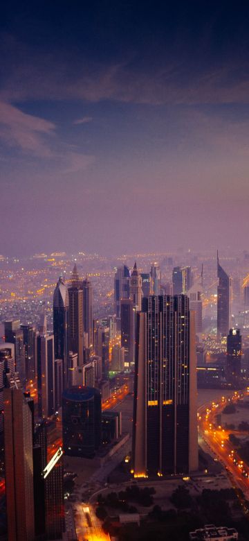 Dubai City Skyline, Cityscape, Aerial view, Skyscrapers, High rise building, Sunrise, Dawn, City lights, 5K