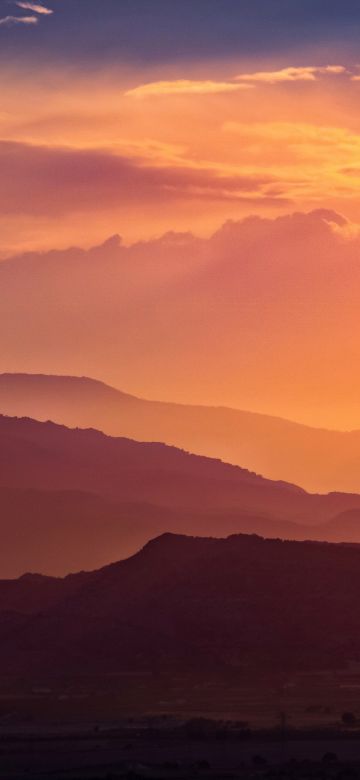 Sunset, Mountain range, Silhouette, Landscape, Orange sky, Clouds, Sun light, 5K