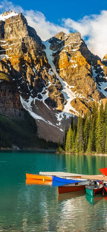 Moraine Lake, Kayak boats, Multicolor, Mountain range, Snow covered, Daytime, Cloudy Sky, Landscape, Scenery, Beautiful, Green Trees, 5K