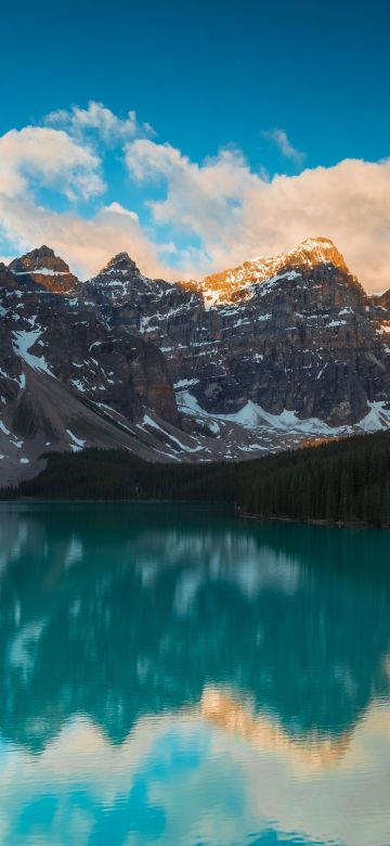 Moraine Lake, Alberta, Canada, Mountain range, Blue Sky, Clouds, Turquoise water, Reflection, Body of Water, Landscape, Scenery, Snow covered, 5K