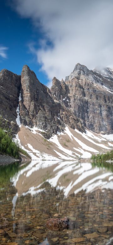 Lake Agnes, Canada, Mountains, Blue Sky, Snow covered, White Clouds, Reflection, Landscape, Scenery, 5K