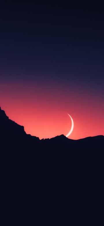 Sunset, Mountain silhouette, Crescent Moon, Night time, Landscape, 5K