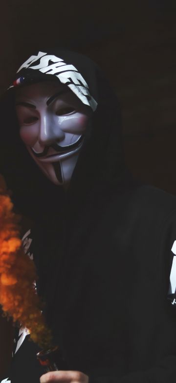 Guy Fawkes mask, Man in Mask, Black Hoodie, Orange Smoke, Dark background, Anonymous, 5K