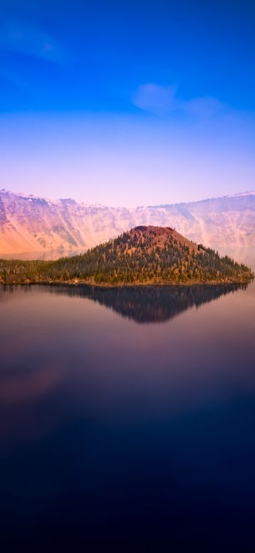 Crater Lake, 5K, Oregon, United States, Island, Body of Water, Dawn, Sunset, Blue Sky, Mountain range, Landscape, Scenery, Reflection