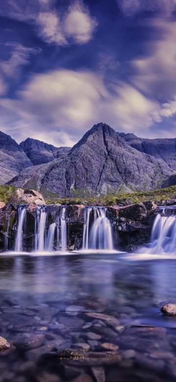 Waterfalls, Cloudy Sky, River Stream, Water flow, Long exposure, Mountains, Scenery, Landscape, 5K