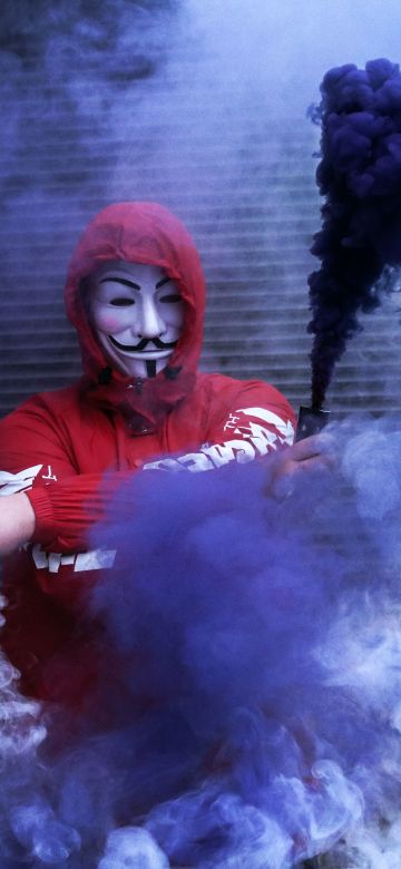 Man in Mask, Red Hoodie, Smoke can, Anonymous, Smoke Backgrounds, Purple, 5K