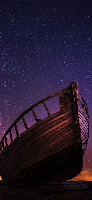 Wrecked Boat, Sailing boat, Night time, Starry sky, Milky Way, Outer space, Seashore, 5K