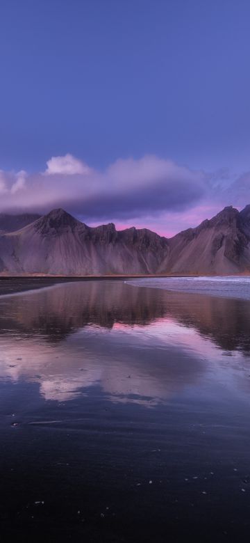 Vestrahorn mountain, Iceland, Sunset, Cloudy Sky, Body of Water, Reflection, Scenery, Landscape, 5K, Stokksnes