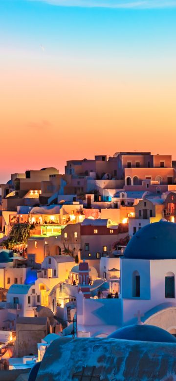 Oia, Santorini, Greece, Sunset, Panoramic, Colorful Sky, Blue Dome Buildings, Vibrant, 5K