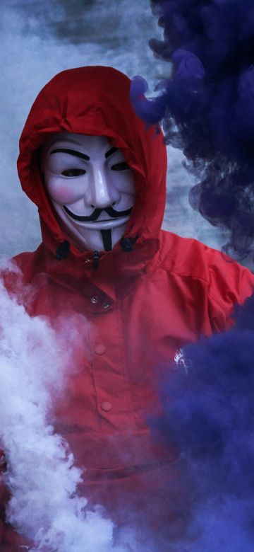 Man in Mask, Smoke Backgrounds, Purple Smoke, Red Jacket, Smoke Grenade, Anonymous, 5K