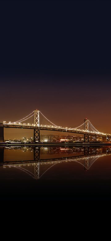 San Francisco-Oakland Bay Bridge, City Skyline, Cityscape, Night time, City lights, Body of Water, Reflection, Skyscrapers, 5K, 8K