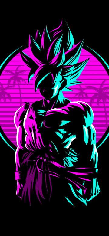 Goku, Dragon Ball, AMOLED, Retro, Artwork, Neon, Black background, 5K