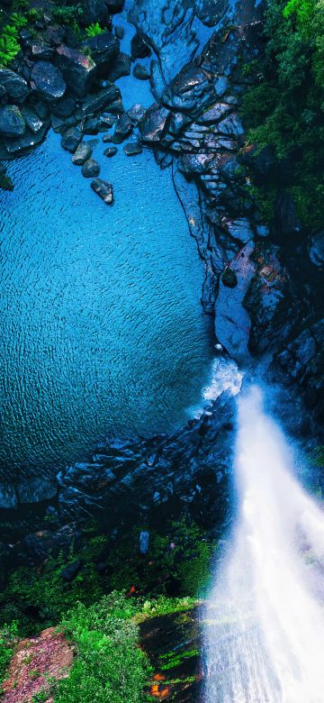 Waterfall, Aerial view, Forest, 5K