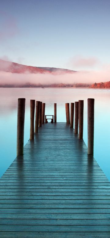 Wooden pier, Scenic, Sunrise, Morning, Seascape, River, Lake, Mist, 5K