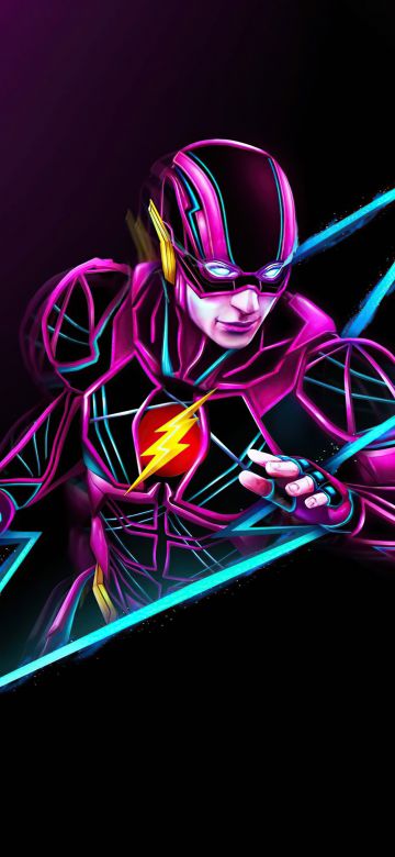 The Flash, Neon art, Purple background, Multicolor, 5K