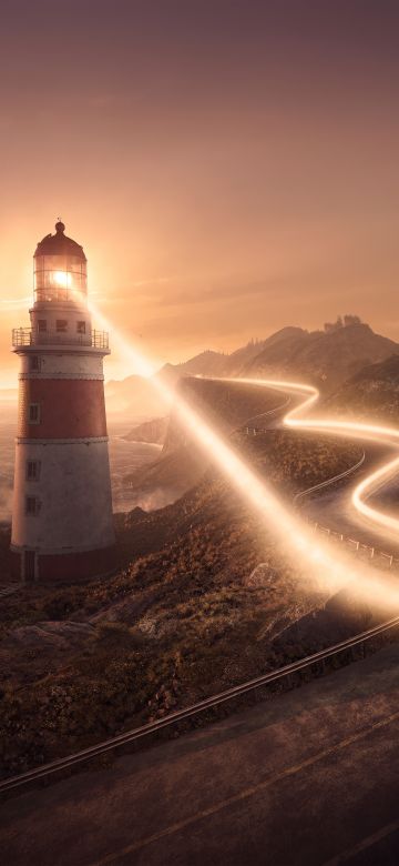 Lighthouse, Road, Coastline, Sunset, Light, Surreal