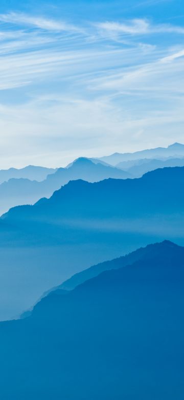 Mountains, Blue Sky, Mountain range, Fog, Peak