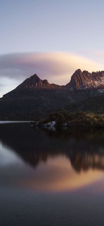 Cradle Mountain, Dove Lake Boathouse, Lake, Mountains, Evening, Sunset, Dark, Reflection, 5K