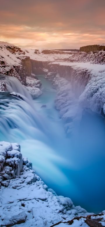 Waterfall, Winter, River, Iceland, Long exposure, 5K