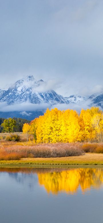 Grand Teton National Park, Autumn, Winter, Mountains, Lake, Cloudy, Fall, Reflection