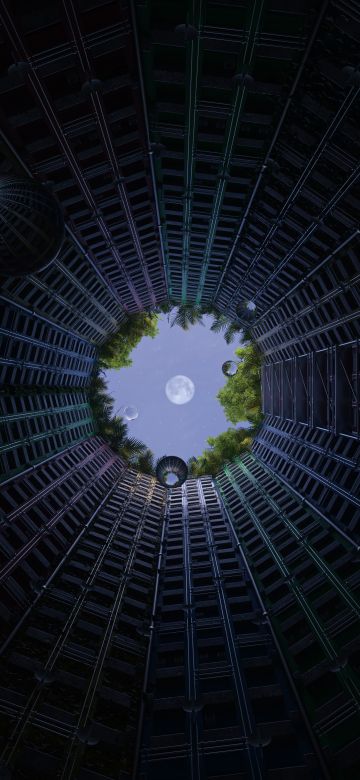 Modern architecture, Moon, Rain droplets, Looking up at Sky, Dark