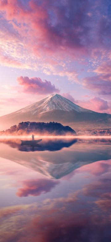 Mount Fuji, Volcano, Japan, River, Reflection, Boat, Couple, 5K