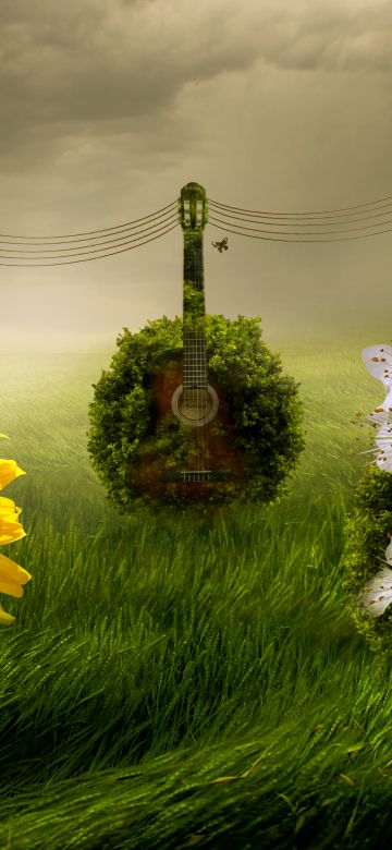 Guitars, Green Grass, Foggy, Floral, Surreal, 5K