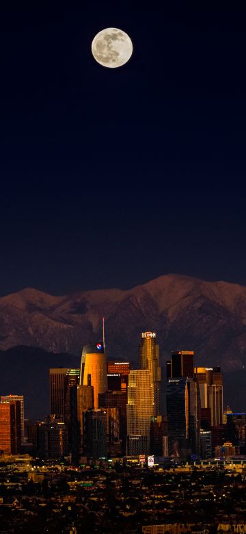 Los Angeles, Downtown, Cityscape, Night, Full moon, Dark, 5K, 8K