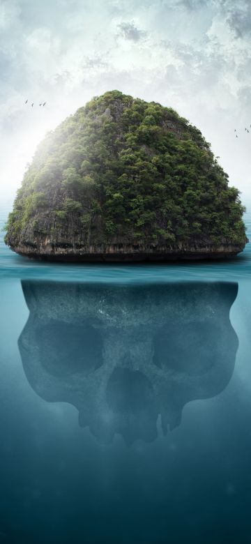 Skull, Island, Seascape, Tropical, Caribbean, Surreal, Blue, 5K