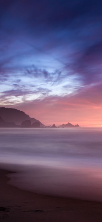 Beach, Horizon, Sunset, Cloudy Sky, Long exposure, Ocean, Shore, Seascape, 5K