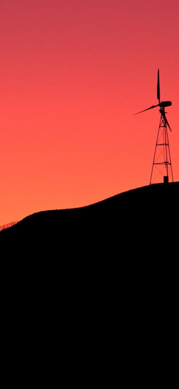 Windmill, Sunrise, Silhouette, Orange sky, Dawn, Hill, 5K, Simple