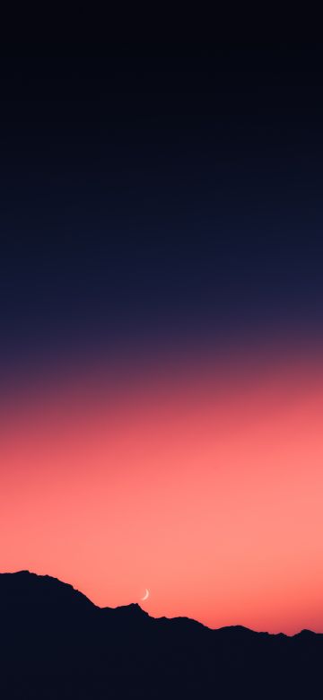 Silhouette Mountain, Sunset, Orange sky, Mountain range, Moon, Dusk, 5K